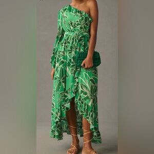 Printed One-Shoulder Ruffle Dress - Green Floral One-Shoulder Dress